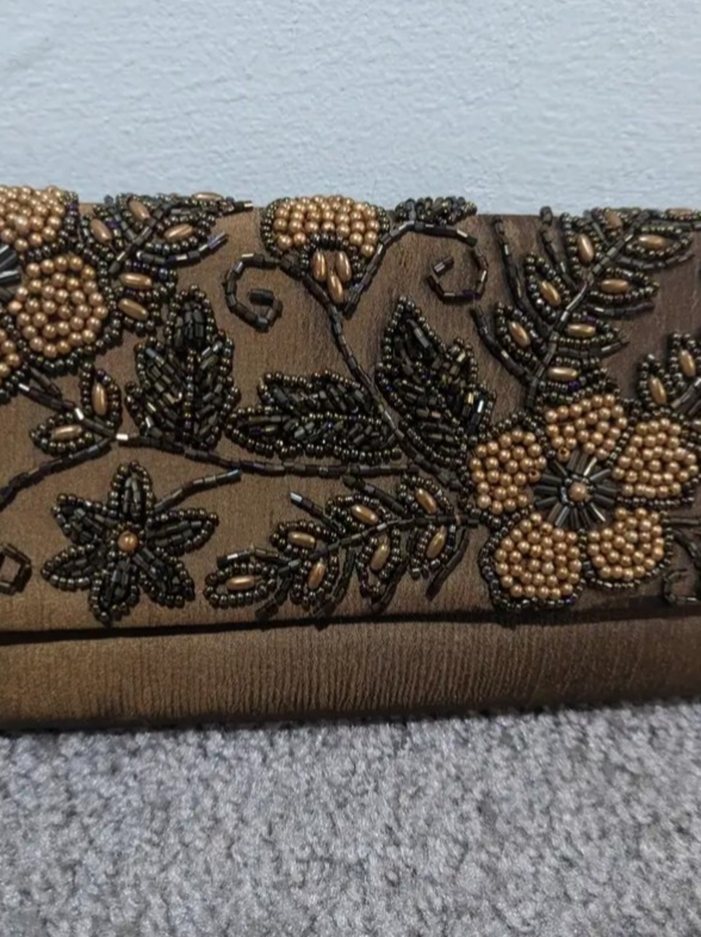 Brown Beaded Floral Clutch